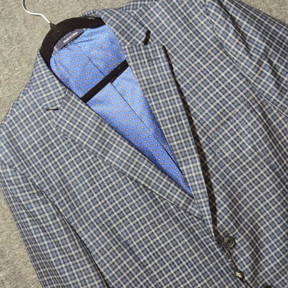 Alan Flusser Men 46R Blue Gray Check Paisley Lining Sport Coat Blazer Jacket